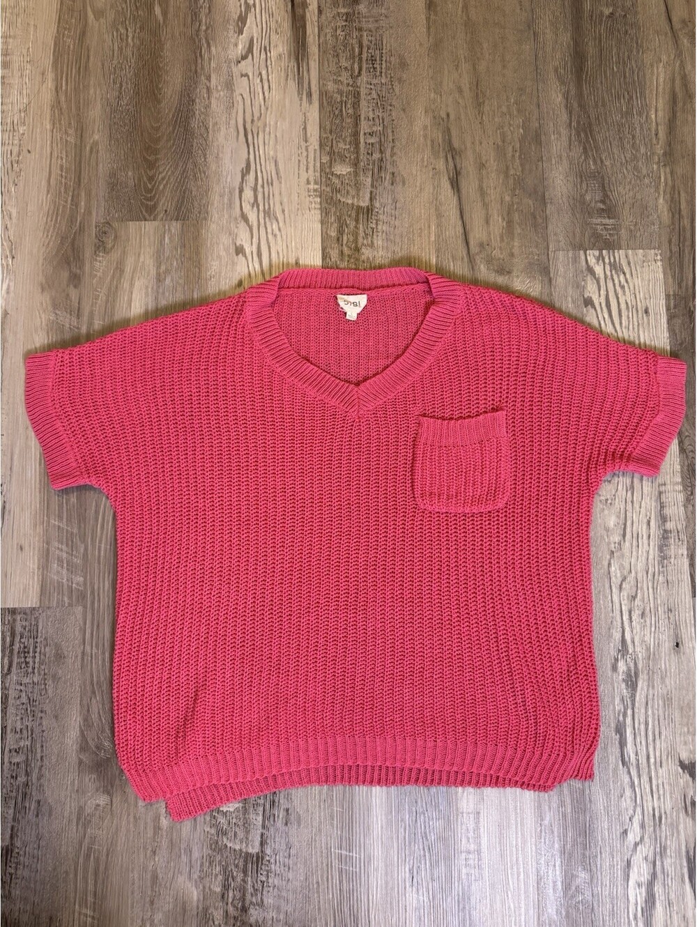 BIBI Women’s Pink Open Knit Short Sleeve V-Neck Sweater Top Pocket Size L